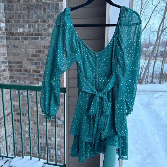 🆕 ✨ Midnight Doll Green Gold Dotted Mini Dress M Tie Party Holiday Chic Size M - Picture 4 of 15